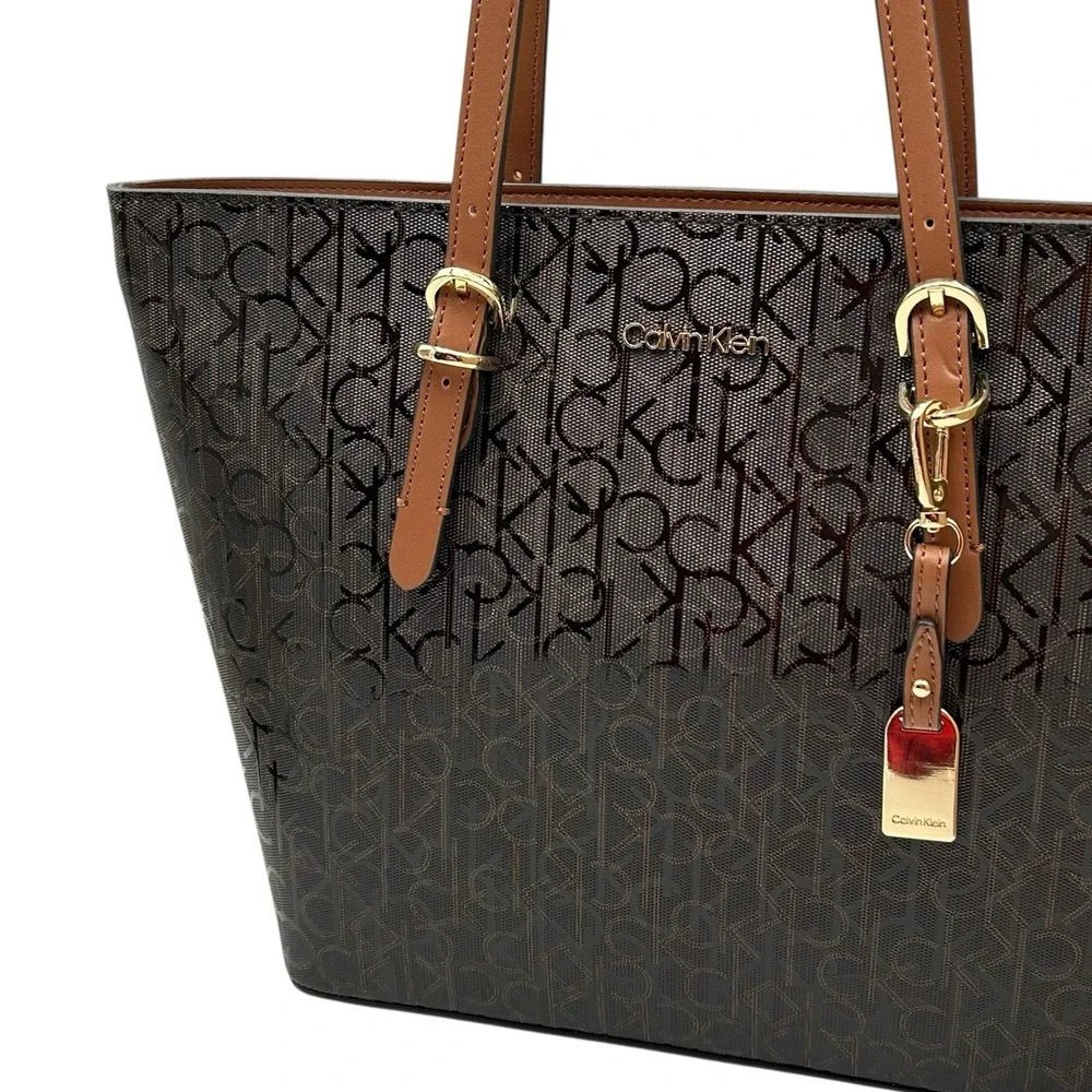 Calvin Klein Serafina Signature Tote Handbag Brown Jacquard Print 15.5x10.5x4.5